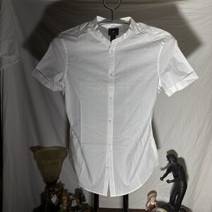 H&M White Short-Sleeve Band-Collar Button-Down Shirt
